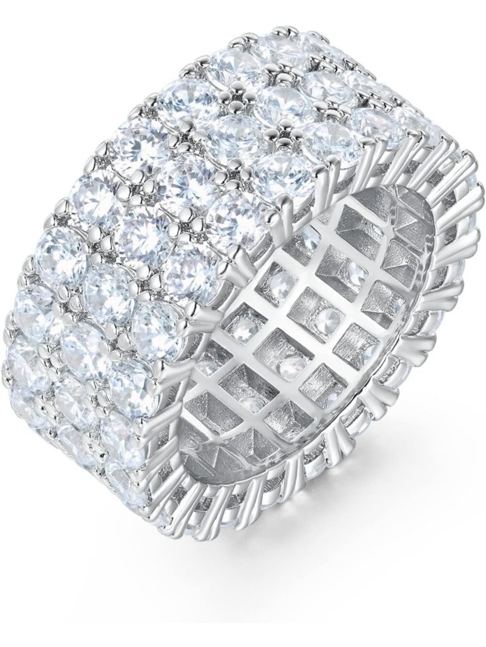 Sparkling 3 Row Cubic Zirconia Eternity Ring in 14K White Gold, Size 5-10